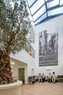Heller Empfangsbereich einer Wohnanlage: Bewohner und Mitarbeiter sprechen unter einem Olivenbaum.